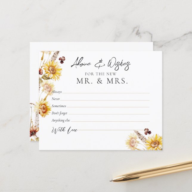 Sunflower Modern Bridal Shower Advice & Wishes (Front/Back In Situ)
