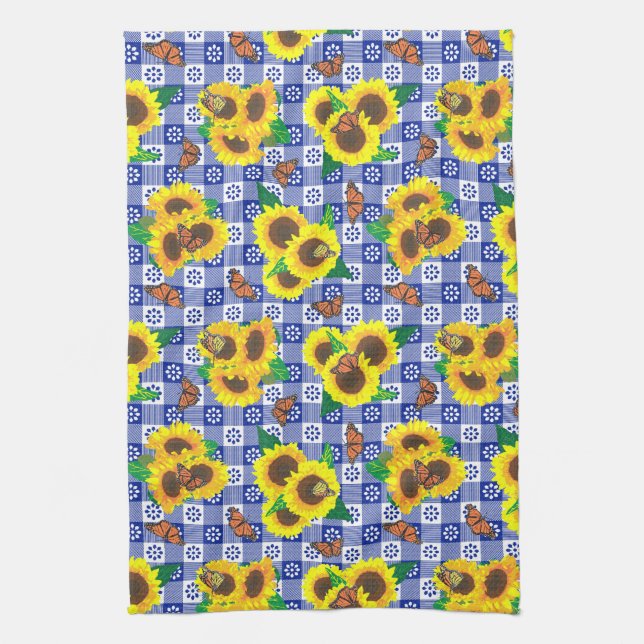 Sunflower Monarch Butterflies Blue Gingham Pattern Kitchen Towel (Vertical)