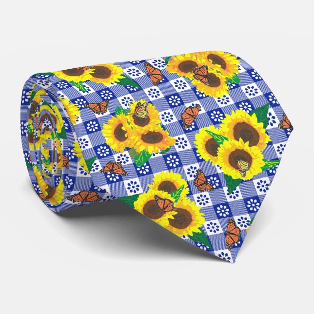 Sunflower Monarch Butterflies Blue Gingham Pattern Tie (Rolled)