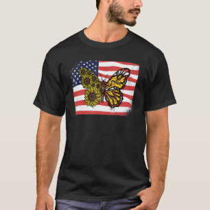 Sunflower Monarch Butterflies Patriotic American F T-Shirt