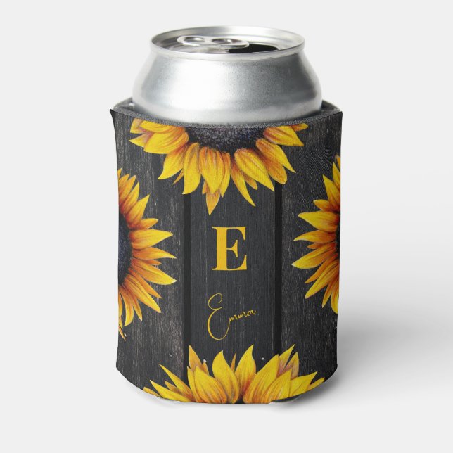 Sunflower monogram and name personalized can cooler (Can Back)