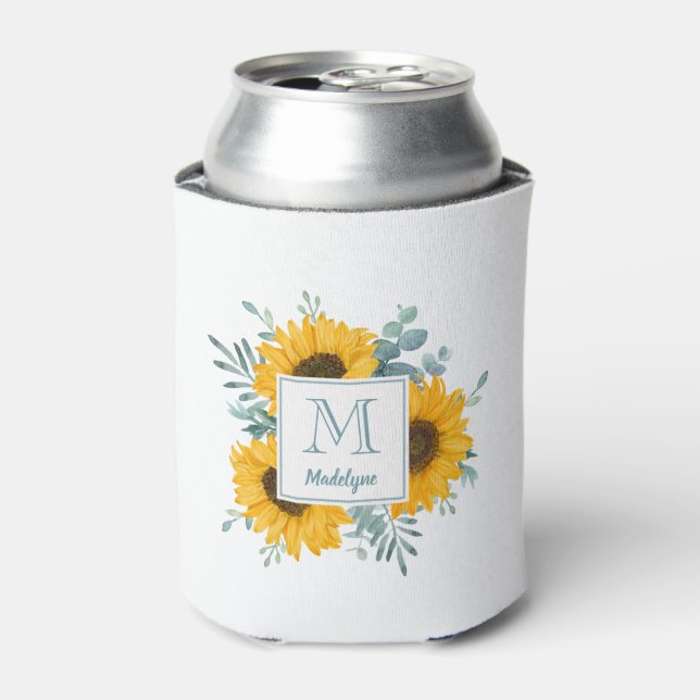 Sunflower Monogram Name Personalized Can Cooler (Can Front)