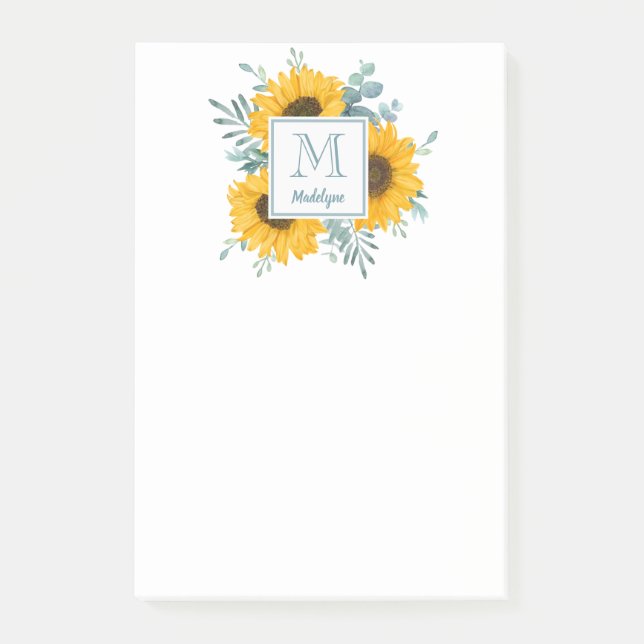 Sunflower Monogram Name Personalized Floral Post-it Notes (Front)