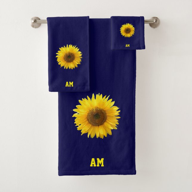 Sunflower & Monogram on Navy Blue Bath Towel Set (Insitu)