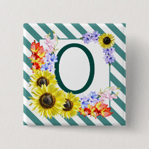 Sunflower Monogram Teal Stripes 2 Inch Square Button