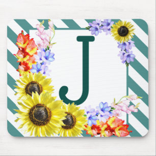 Sunflower Monogram Teal Stripes Mouse Pad