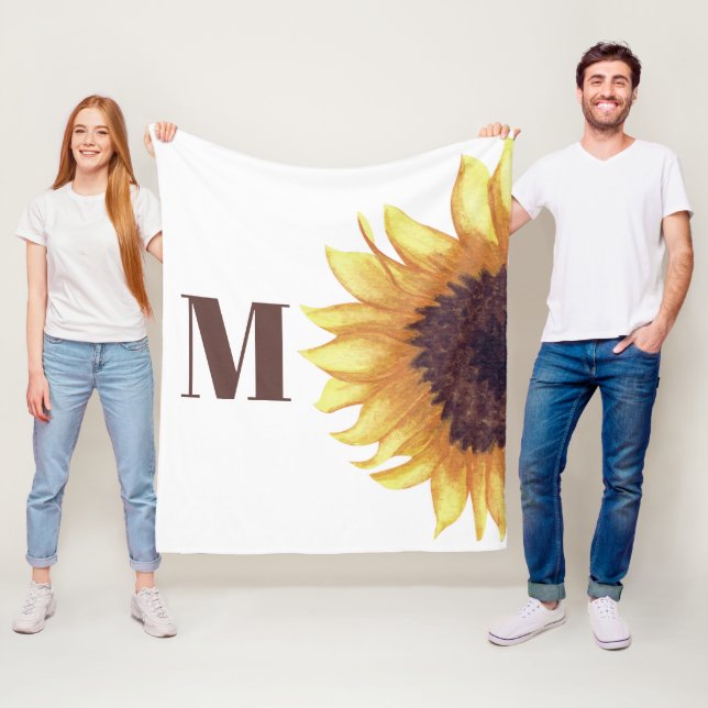 Sunflower Monogram White Fleece Blanket (In Situ)