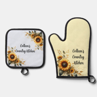 Sunflower Motif Country Kitchen Personalized Oven Mitt & Pot Holder Set