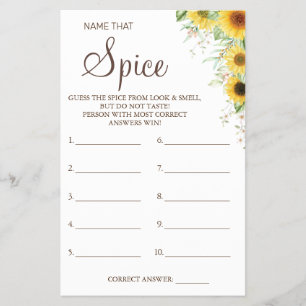 Sunflower Name that Spice Bridal shower game card