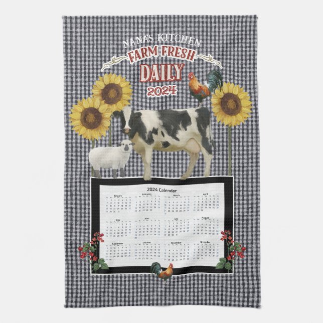 Sunflower Nana Rooster Cow Farm Fresh Black White Kitchen Towel (Vertical)