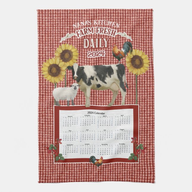 Sunflower Nana Rooster Cow Farm Fresh Red n White Kitchen Towel (Vertical)
