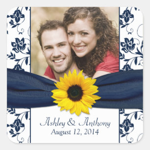 Sunflower Navy and White Damask Wedding Stickers