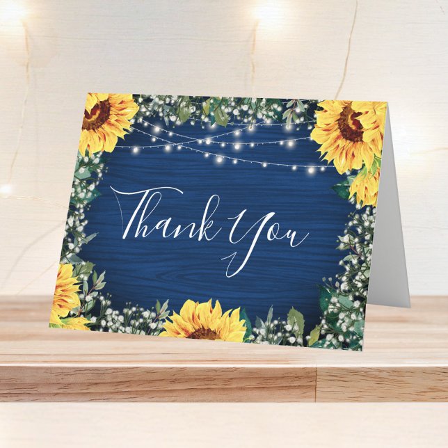 Sunflower Navy Babys Breath Lights Wedding Thank You Card (Creator Uploaded)