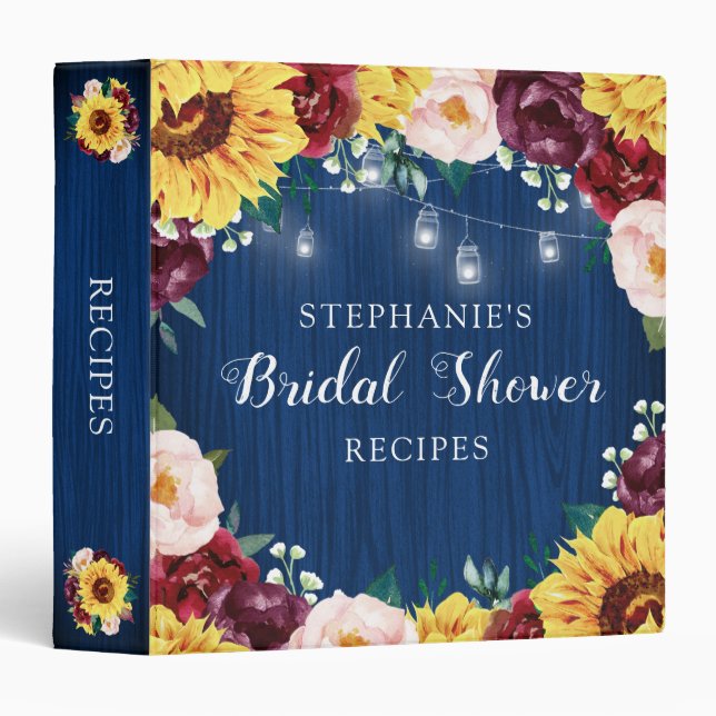 Sunflower Navy Blue Bridal Shower Recipe Binder (Front/Spine)