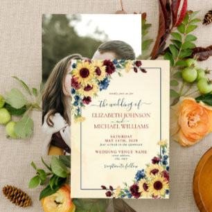 Sunflower Navy Blue Burgundy Floral Photo Wedding Invitation