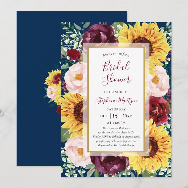 Sunflower Navy Blue Burgundy Gold Bridal Shower Invitation (Front/Back)