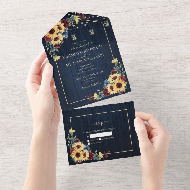 Sunflower Navy Blue Burgundy Wood Floral No Menu All In One Invitation (Tearaway)