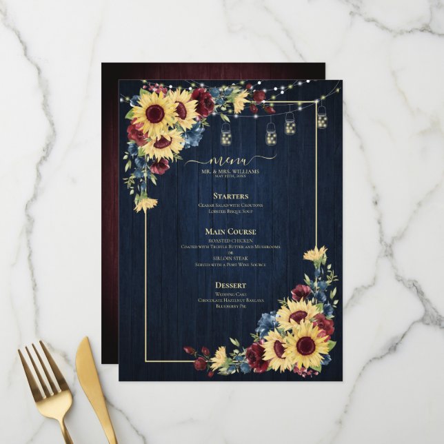 Sunflower Navy Blue Burgundy Wood Floral Wedding Menu (Front/Back In Situ)