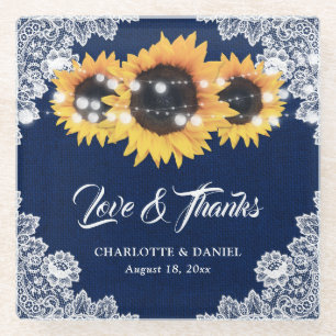 Sunflower Navy Blue Burlap Floral Lace Wedding Glass Coaster