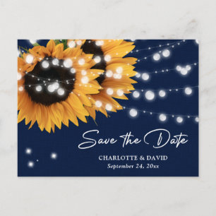 Sunflower Navy Blue Burlap String Lights Wedding Announcement Postcard