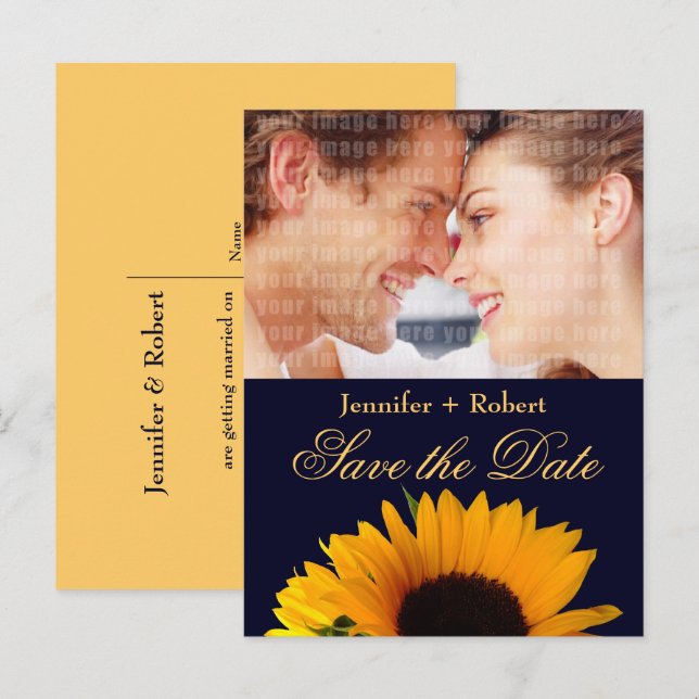 Sunflower Navy Blue Custom Photo Save the Date Announcement Postcard (Front/Back)
