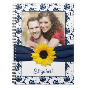 Sunflower Navy Blue Damask Personalized Notebook