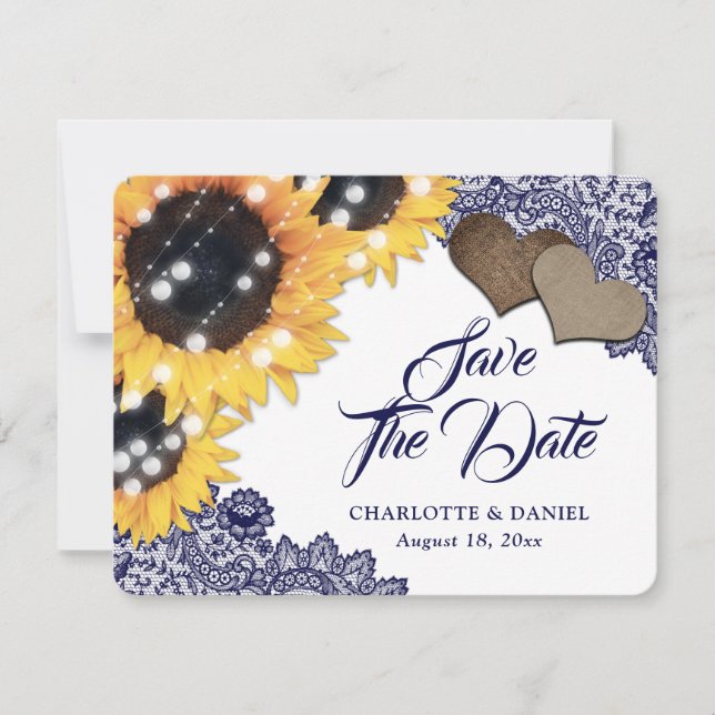 Sunflower Navy Blue Floral Lace Rustic Wedding Announcement (Front)