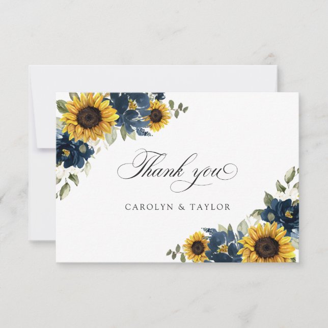 Sunflower Navy Blue Floral Rustic Wedding Thank You Card (Front)