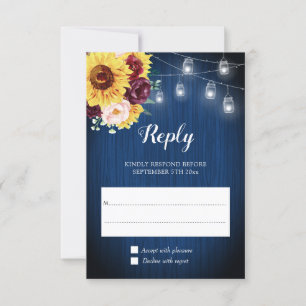 Sunflower Navy Blue Jar Lights Floral Wedding RSVP Card
