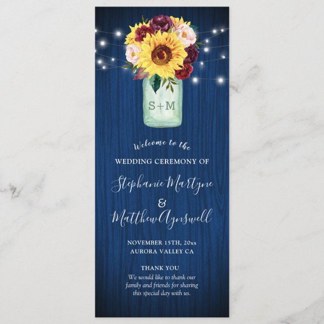 Sunflower Navy Blue Mason Jar Floral Wedding Program (Front)