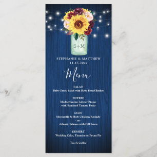 Sunflower Navy Blue Mason Jar Lights Menu Mariage