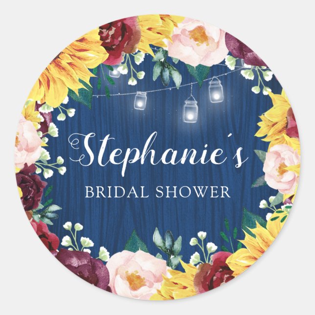 Sunflower Navy Blue Mason Jars Bridal Shower Classic Round Sticker (Front)
