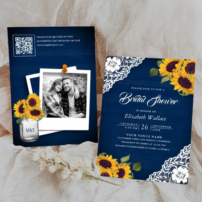 Sunflower Navy Blue Photo QR Code Bridal Shower Invitation (Creator Uploaded)