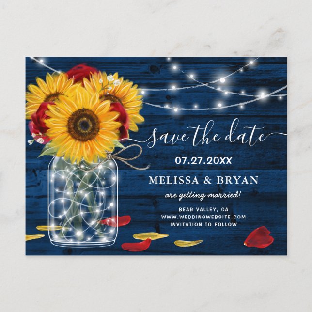 Sunflower Navy Blue Red Rose Rustic Save the Date Announcement Postcard (Front)