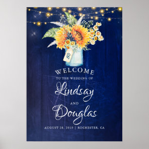 Sunflower Navy Blue Rustic Wedding Welcome Sign
