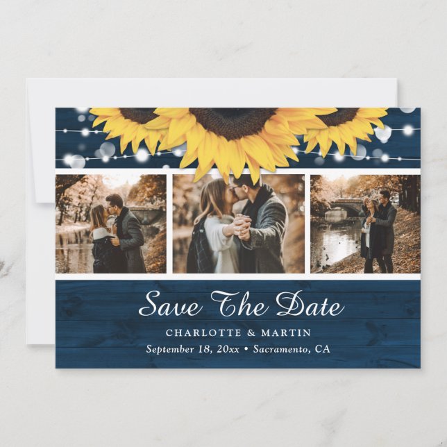 Sunflower Navy Blue Rustic Wood Wedding Photo Save The Date (Front)