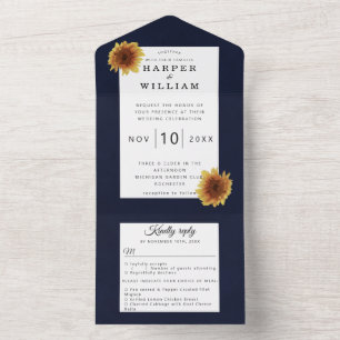 Sunflower navy blue wedding envelope all in one in all in one invitation