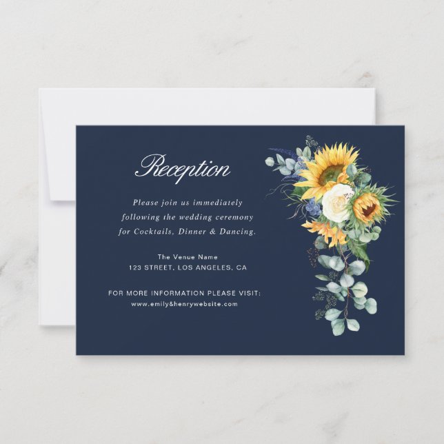 sunflower navy blue wedding reception card (Front)