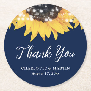 Sunflower Navy Blue Wedding Thank You Round Paper Coaster