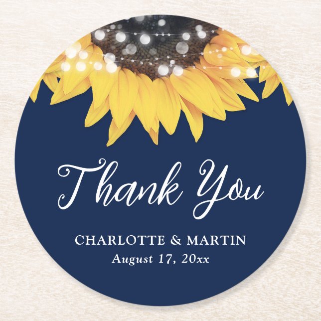 Sunflower Navy Blue Wedding Thank You Round Paper Coaster (Front)