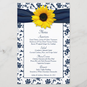 Sunflower Navy Blue White Damask Wedding Menu Card