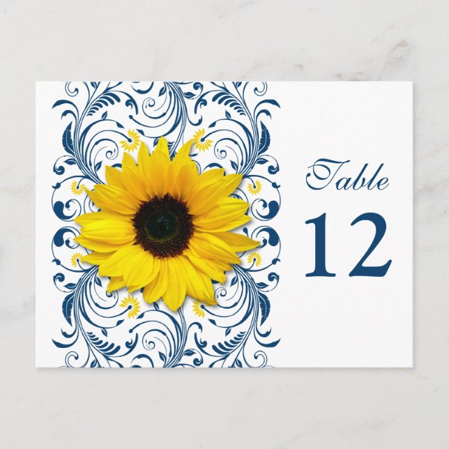 Sunflower Navy Blue White Floral Table Number Card (Front)