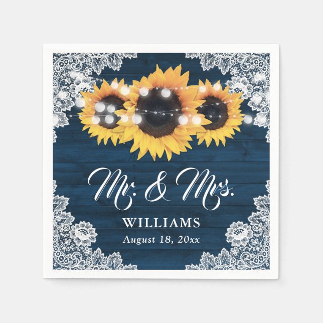 Sunflower Navy Blue Wood Floral Lace Wedding Napkin (Front)
