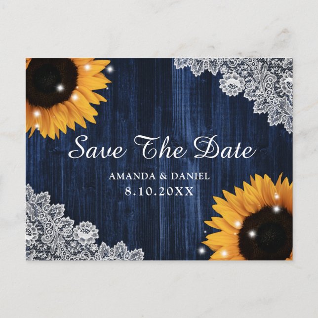 Sunflower Navy Blue Wood Lace Rustic Save The Date Postcard (Front)
