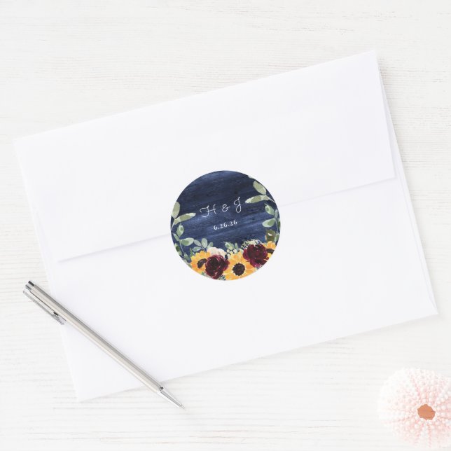 Sunflower Navy Blue Wood Wedding Envelope Seal (Envelope)