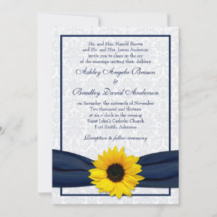Sunflower Navy Damask Floral Faire-part de mariage