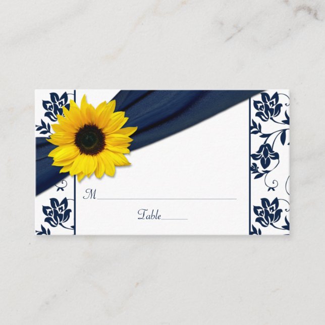 Sunflower Navy Damask Floral Wedding Place Cards (Front)