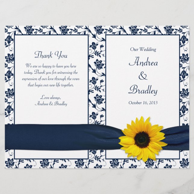 Sunflower Navy Damask Floral Wedding Program (Front)
