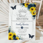 Sunflower Navy Floral Butterflies Silver Sweet 16 Invitation<br><div class="desc">This chic Sweet 16 Birthday invitation features a silver glitter geometric frame adorned by yellow sunflower and navy blue floral. Personalize it with your details easily and quickly, simply press the customise it button to further re-arrange and format the style and placement of the text. (c) The Happy Cat Studio...</div>
