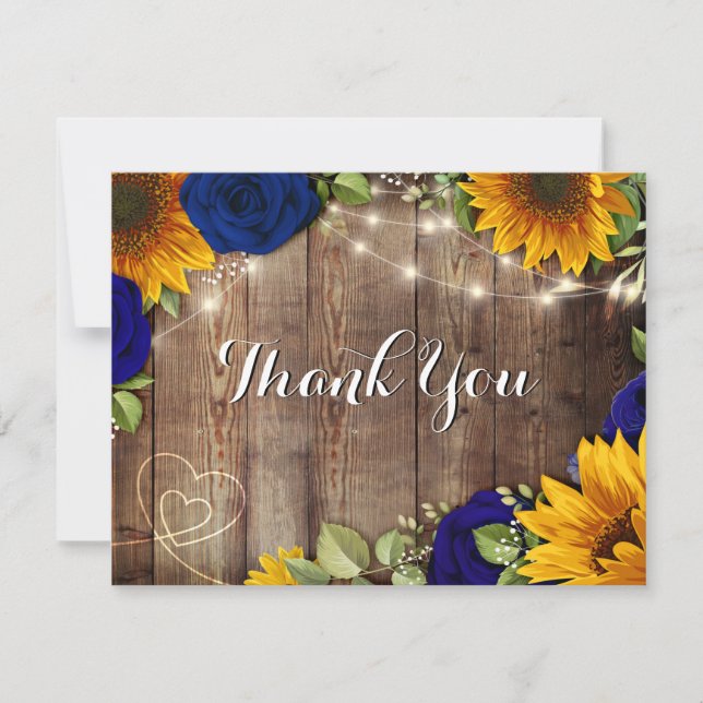 Sunflower & Navy Roses Rustic Thank You Card (Front)